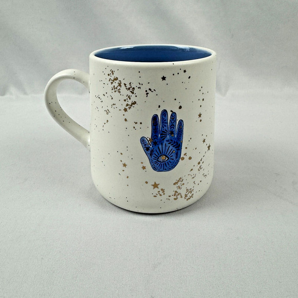 Hamsa Hand Ceramic Coffee Tea Mug 20 oz Blue Hand Gold Colored Stars Evil Eye - Picture 3 of 11
